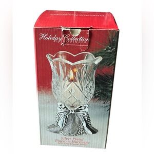 Silver Plated Pinecone Hurricane 24% Lead Crystal Shade Christmas Holiday Gift